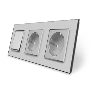 Одноклавишный выключатель с двойной розеткой серый стекло Livolo (VL-C7C2EUK1-15)