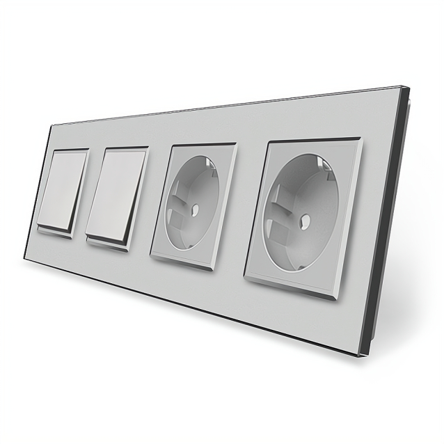 Комплект одноклавишных выключателей с двойной розеткой Livolo серый стекло (VL-C7K1/K1/FCTC16A/FCTC16A-8IP)