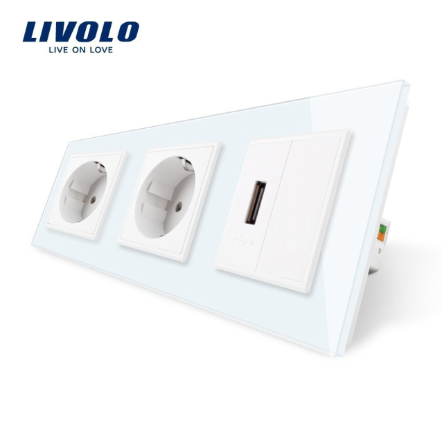 Розетка трехместная силовая с заземлением и USB 2.1А 5V Livolo цвет белый стекло (VL-C7C2EU1USB0-11)