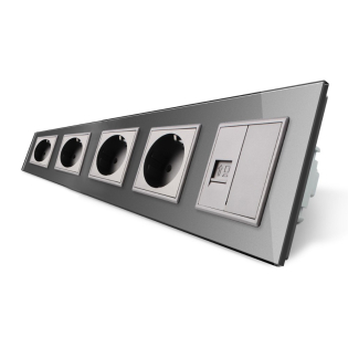 Розетка пятиместная комбинированная Силовая Интернет Livolo серый стекло (VL-C7C4EUK01C-15) Розетка пятиместная комбинированная Силовая Интернет Livolo серый стекло (VL-C7C4EUK01C-15)