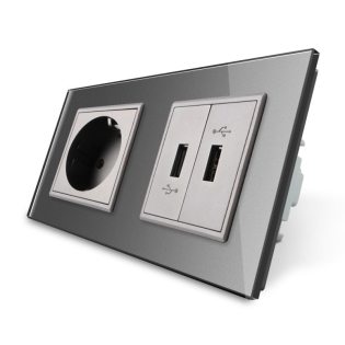 Розетка с заземлением с 2 USB розетками серый стекло Livolo (VL-C7C1EU2USB-15) Розетка с заземлением с 2 USB розетками серый стекло Livolo (VL-C7C1EU2USB-15)