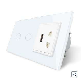 Сенсорный проходной выключатель с силовой и USB розеткой Livolo цвет белый стекло (VL-C702S/C7USBC1A-11) Сенсорный проходной выключатель с силовой и USB розеткой Livolo цвет белый стекло (VL-C702S/C7USBC1A-11)