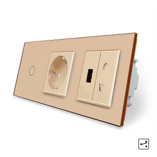 Сенсорный проходной выключатель 1 сенсор 1 розетка 1 USB 1 розетка универсальная золотой стекло Livolo