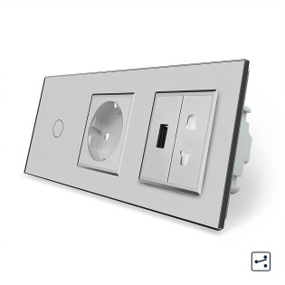 Сенсорный проходной выключатель 1 сенсор 1 розетка 1 USB 1 розетка универсальная серый стекло Livolo