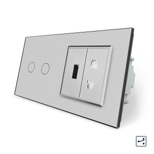Сенсорный проходной выключатель 2 сенсора 1 розетка 1 USB серый стекло Livolo (VL-C702S/C7USBC1A-15)