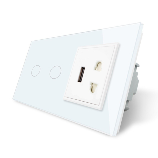 Сенсорный выключатель Livolo 2 канала с силовой и USB розеткой цвет белый стекло (VL-C702/C7USBC1A-11) Сенсорный выключатель Livolo 2 канала с силовой и USB розеткой цвет белый стекло (VL-C702/C7USBC1A-11)