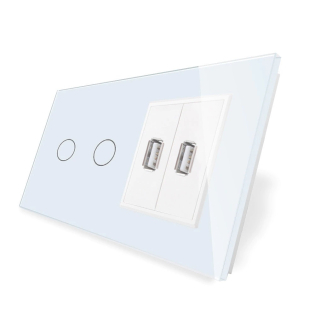 Сенсорный выключатель 2 канала Livolo с двумя USB розетками белый стекло (VL-C702/2USB-11) Сенсорный выключатель 2 канала Livolo с двумя USB розетками белый стекло (VL-C702/2USB-11)