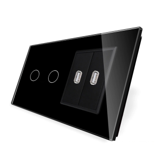 Сенсорный выключатель 2 канала Livolo с двумя USB розетками черный стекло (VL-C702/2USB-12) Сенсорный выключатель 2 канала Livolo с двумя USB розетками черный стекло (VL-C702/2USB-12)