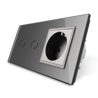 Сенсорный выключатель Livolo 2 канала с розеткой серый стекло (VL-C702/C7C1EU-15) Сенсорный выключатель Livolo 2 канала с розеткой серый стекло (VL-C702/C7C1EU-15)