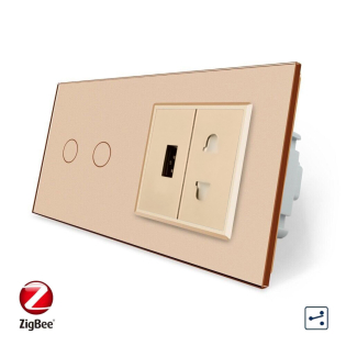 Умный сенсорный проходной выключатель 2 сенсора 1 розетка 1 USB золотой стекло Livolo (VL-C702SZ/C7USBC1A-13) Умный сенсорный проходной выключатель 2 сенсора 1 розетка 1 USB золотой стекло Livolo (VL-C702SZ/C7USBC1A-13)
