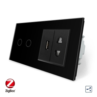 Умный сенсорный проходной выключатель 2 сенсора 1 розетка 1 USB черный стекло Livolo (VL-C702SZ/C7USBC1A-12) Умный сенсорный проходной выключатель 2 сенсора 1 розетка 1 USB черный стекло Livolo (VL-C702SZ/C7USBC1A-12)