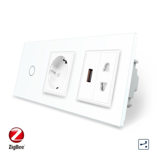Умный сенсорный проходной выключатель 1 сенсор 1 розетка 1 USB 1 розетка универсальная белый стекло Livolo Умный сенсорный проходной выключатель 1 сенсор 1 розетка 1 USB 1 розетка универсальная белый стекло Livolo