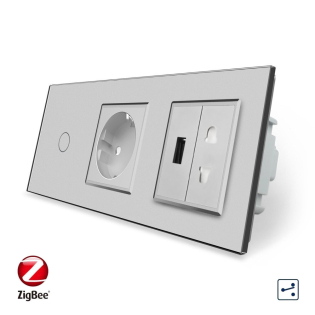 Умный сенсорный проходной выключатель 1 сенсор 1 розетка 1 USB 1 розетка универсальная серый стекло Livolo Умный сенсорный проходной выключатель 1 сенсор 1 розетка 1 USB 1 розетка универсальная серый стекло Livolo
