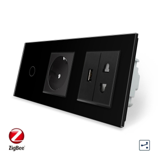 Умный сенсорный проходной выключатель 1 сенсор 1 розетка 1 USB 1 розетка универсальная черный стекло Livolo Умный сенсорный проходной выключатель 1 сенсор 1 розетка 1 USB 1 розетка универсальная черный стекло Livolo