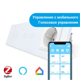 Сенсорный Wi-Fi выключатель Livolo ZigBee 4 канала (2-2) с розеткой белый стекло (VL-C702Z/C702Z/C7C1EU-11) Сенсорный Wi-Fi выключатель Livolo ZigBee 4 канала (2-2) с розеткой белый стекло (VL-C702Z/C702Z/C7C1EU-11)