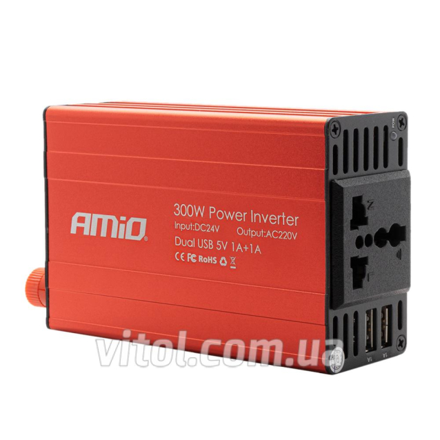 Преобразователь напряжения AMiO PI04 24В/230В 300Вт/600Вт 2xUSB (02471)